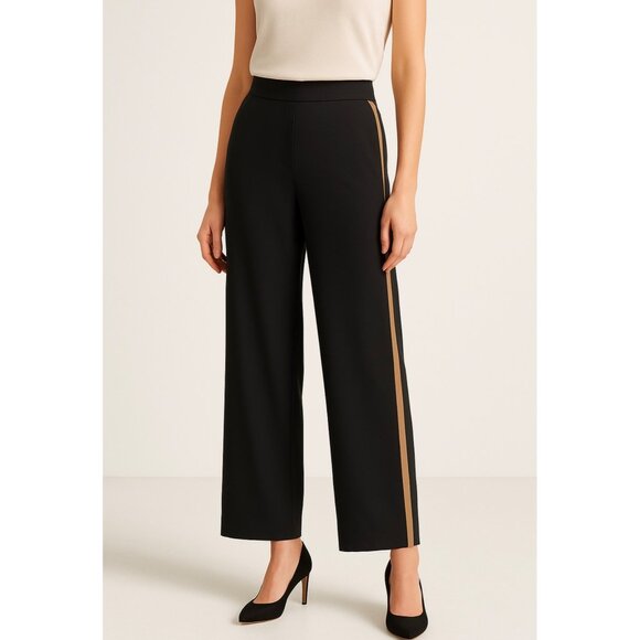 Eileen Fisher Pants 12P Silk Relaxed Straight-Leg Black Tan Stripe Quiet Luxury - Picture 1 of 12
